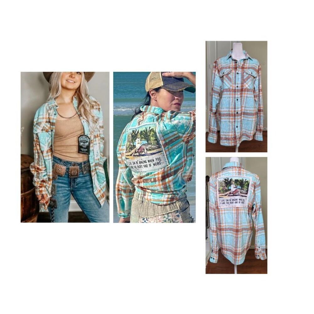 Angry Minnow Shirt Medium Blue Brown Plaid Flannel Button Up Kind Of Weird Boho